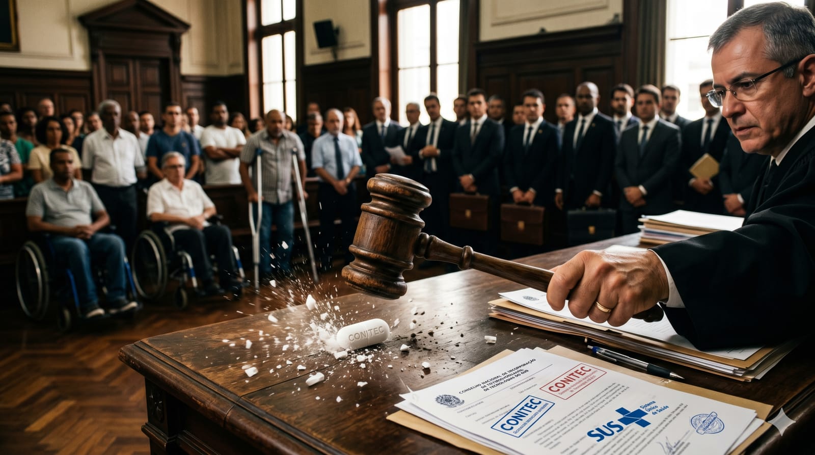 Judge in robes bangs a gavel on a wooden desk as a diverse crowd watches, including two men in wheelchairs; papers and CONITEC materials are on the desk.